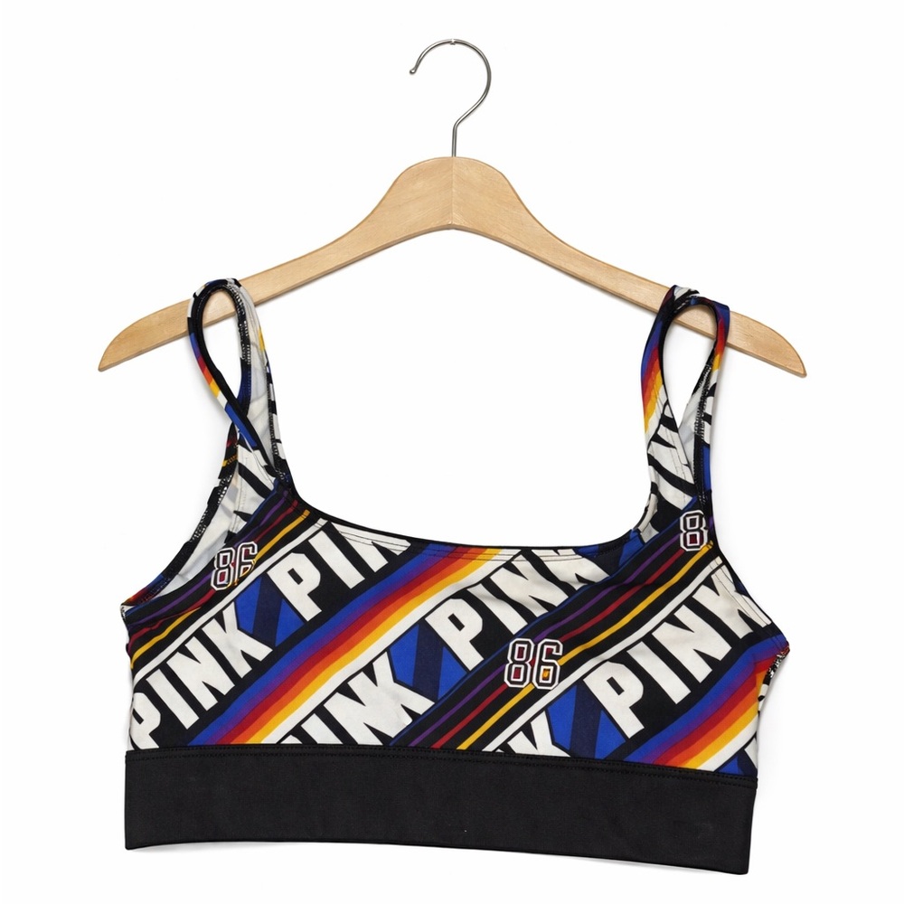 PINK Victoria’s Secret Rainbow Logo Sports Bra XS Y2K Festival Activewear Cute